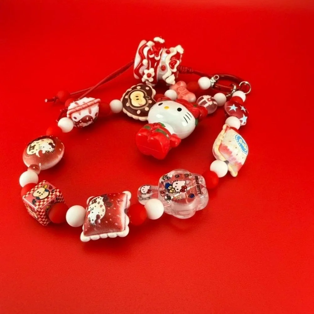 Handmade 3 Layered Red White HK Theme Cake Cat Phone Keychain Wristlet Bag Charm